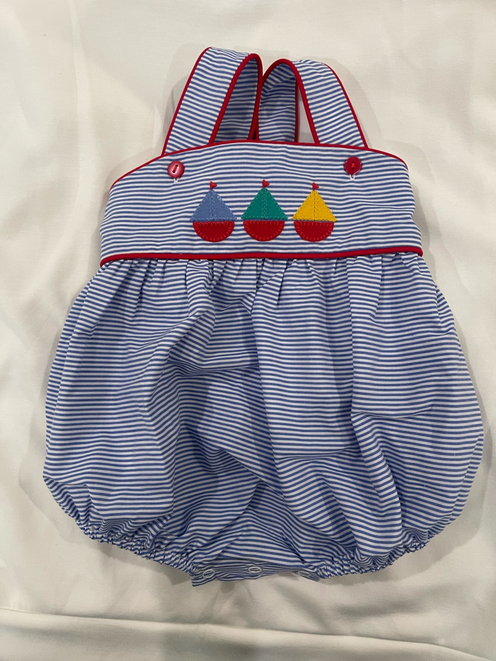 Shrimp & Grits Striped Blue Bubble Romper with Colorful Sail Boat Appliqués
